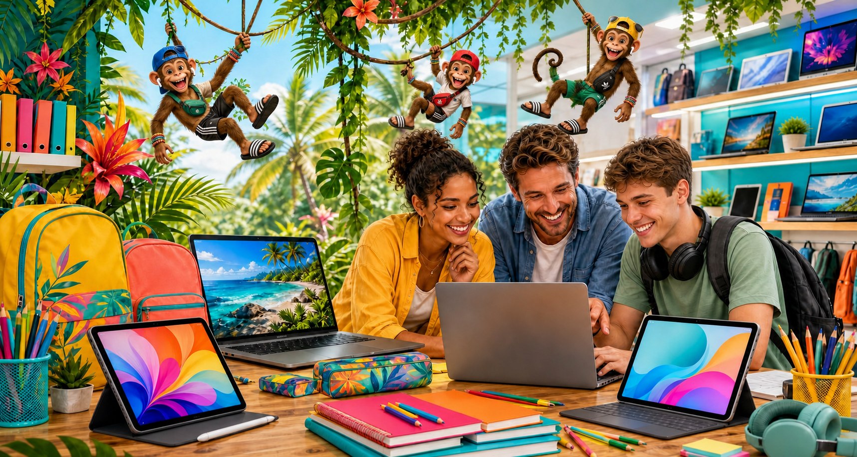 Back to school campagne met laptops, tablets, schoolspullen, palmbomen, lianen, apen en blije mensen