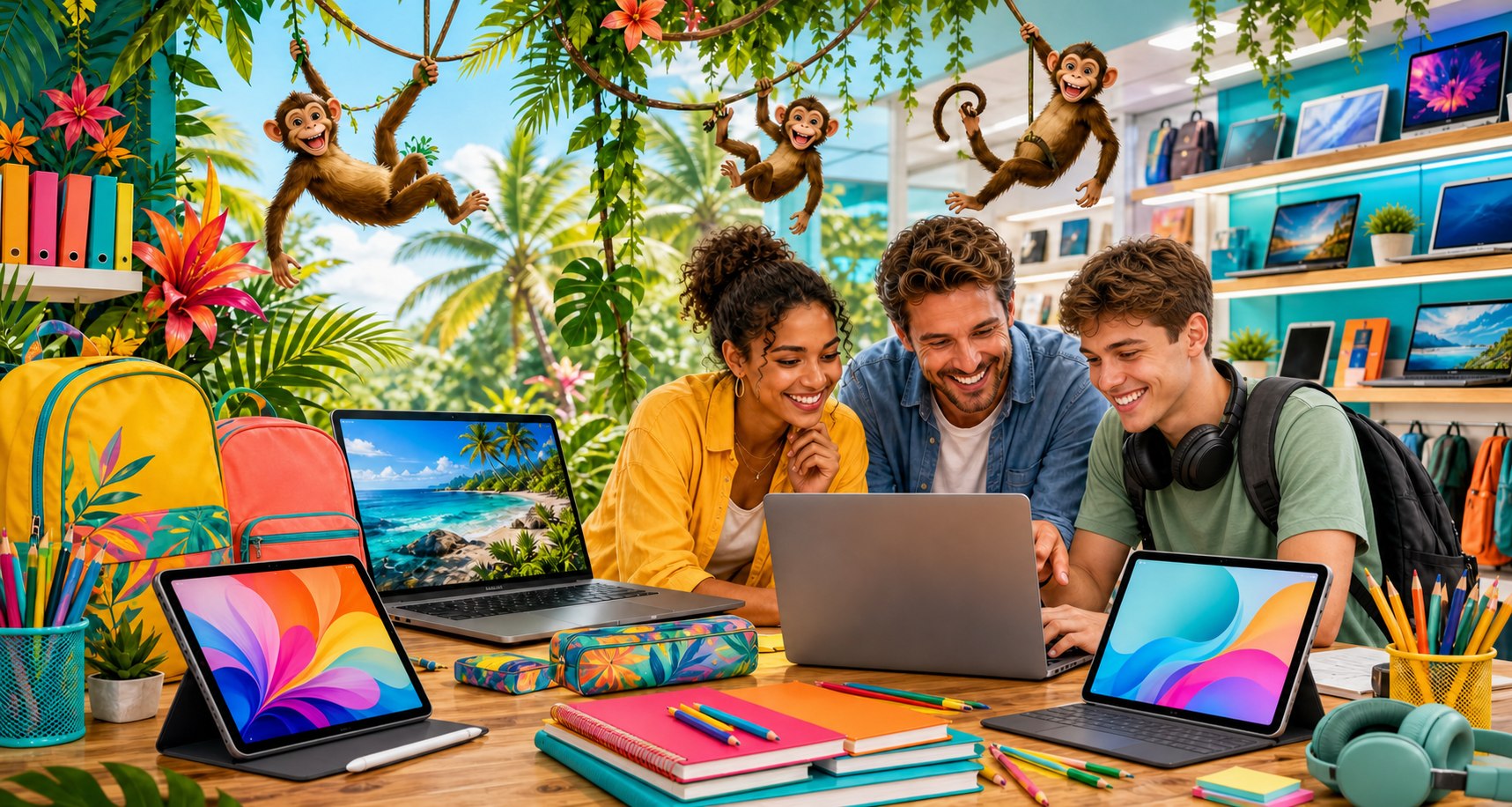 Back to school campagne met laptops, tablets, schoolspullen, palmbomen, lianen, apen en blije mensen